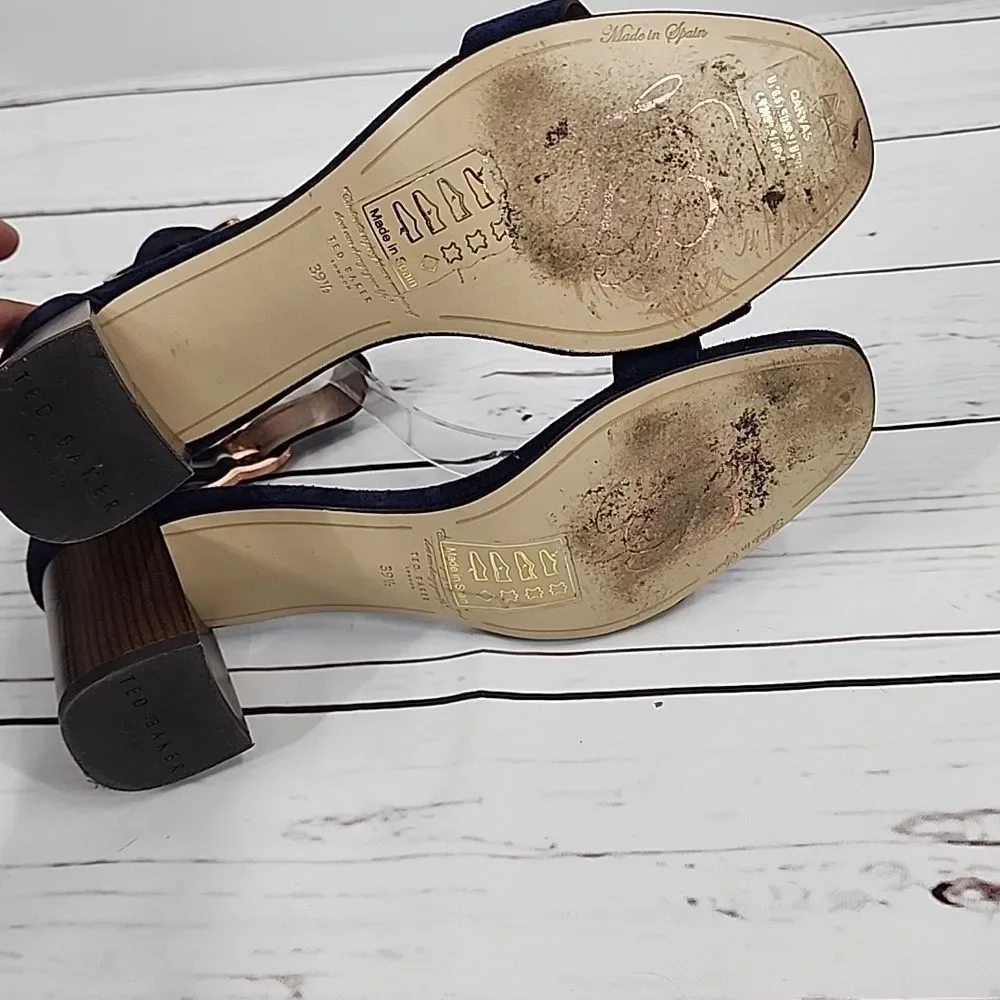 Ted Baker Qarvas Navy Blue Suede Open Toe Ankle Strap Sandals 9.5
